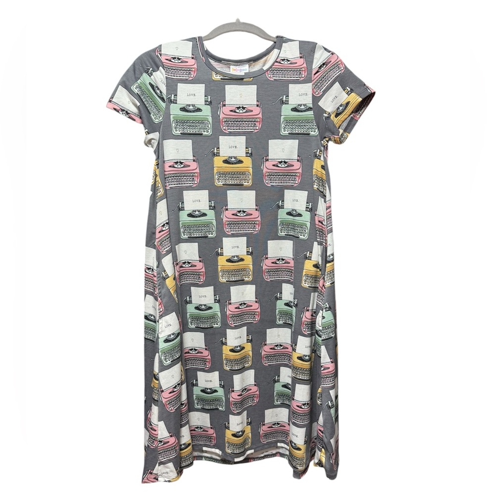 LuLaRoe Jessi Gray Dress with Colorful Typewriter Print